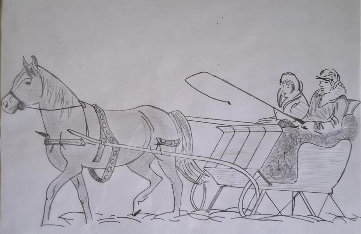 Pencil drawing of a horse pulling a carriage with two people.