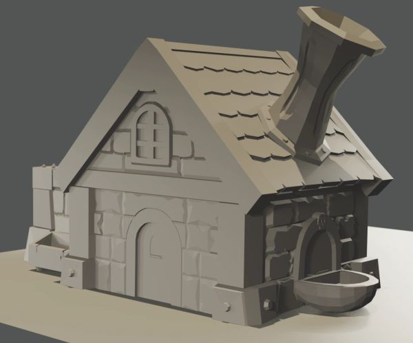 3D model of a small stone house with a chimney and water trough.