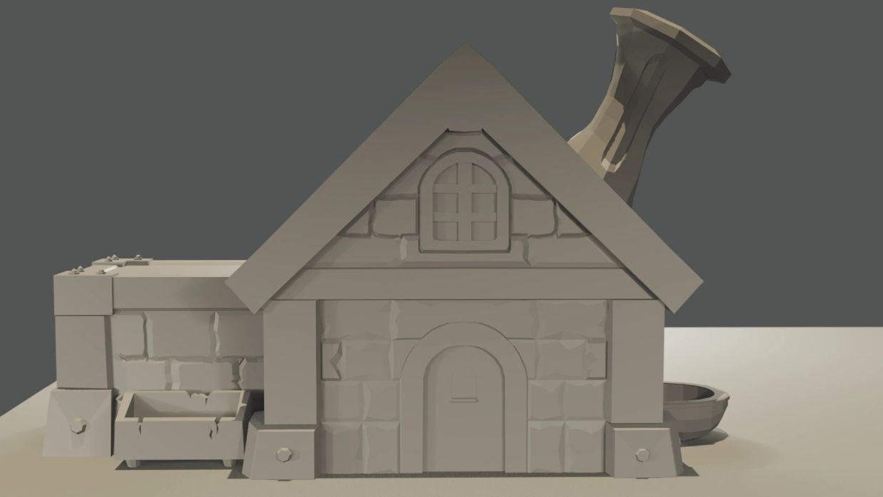 3D model of a small stone house with chimney and water trough.
