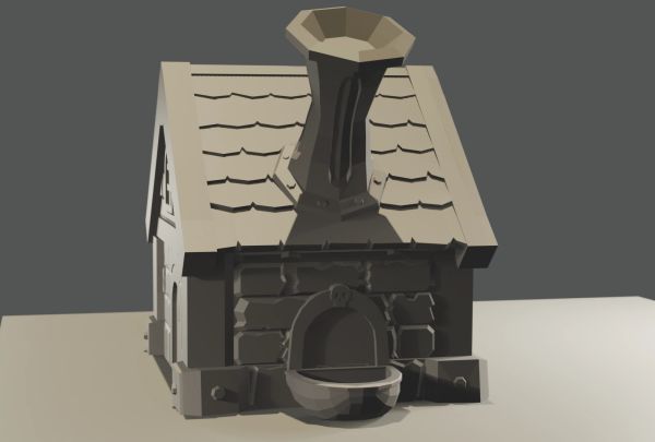 3D model of a small stone oven with chimney.