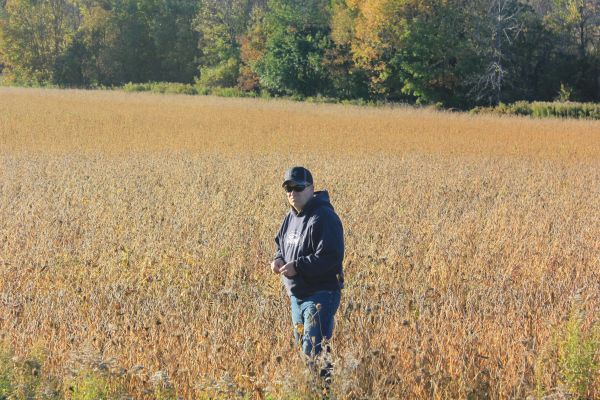 Man standing in a field of crops with trees in the background.