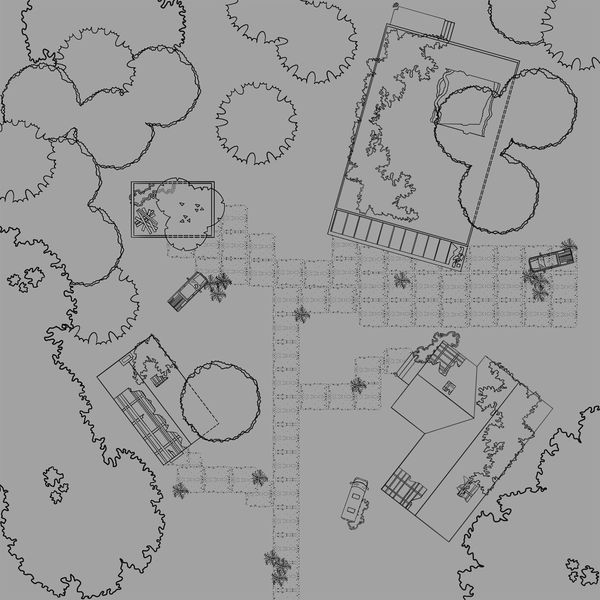 Top-down architectural plan showing buildings, trees, and pathways.