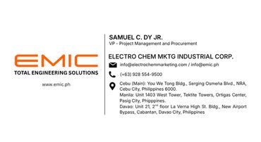 Business card for Samuel C. Dy Jr., VP at Electro Chem Marketing Industrial Corp.
