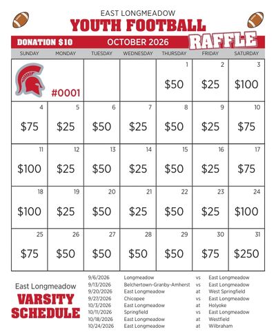 October 2026 East Longmeadow youth football raffle calendar.