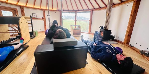 People exercising indoors on mats in a cozy room.