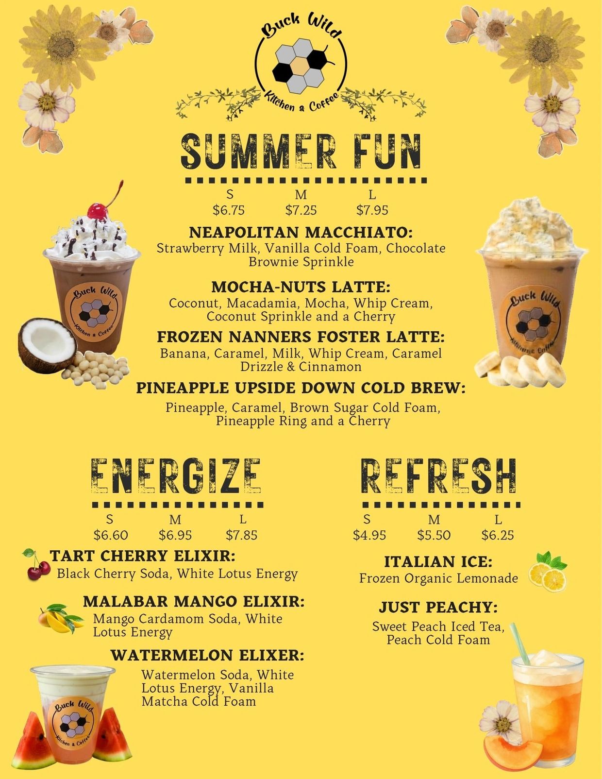 Colorful summer drink menu from Buck Wild Kitchen &amp; Coffee with refreshing elixirs and lattes.