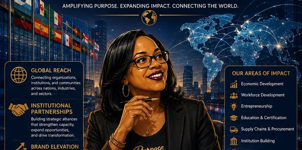 A professional woman with global connections and impact areas listed.