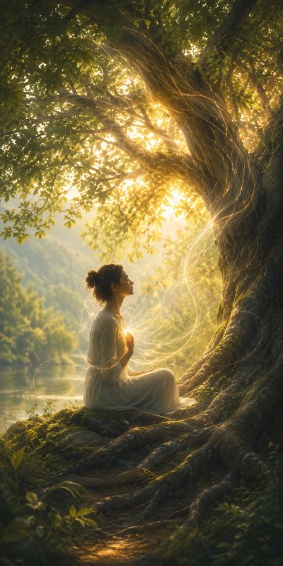 Woman meditating by tree with glowing light.