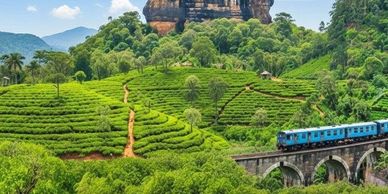 Train crossing a bridge through lush green tea plantations with rocky hills in background.