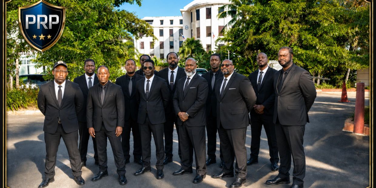 Group of men in black suits posing outdoors.