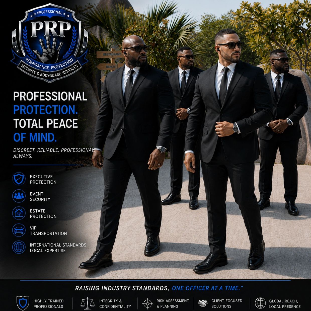 Four professional bodyguards in black suits providing security.
