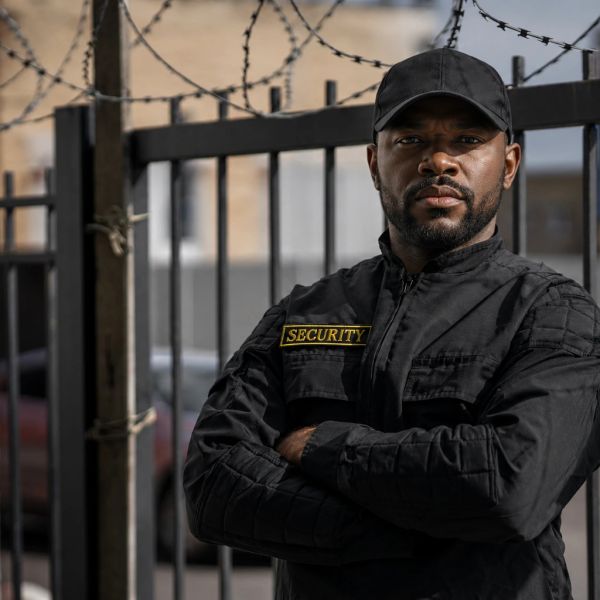 Security guard standing alert by a gate with barbed wire.