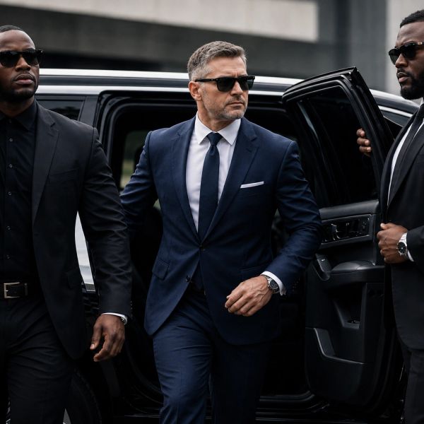 Man in suit escorted by bodyguards near a luxury car.