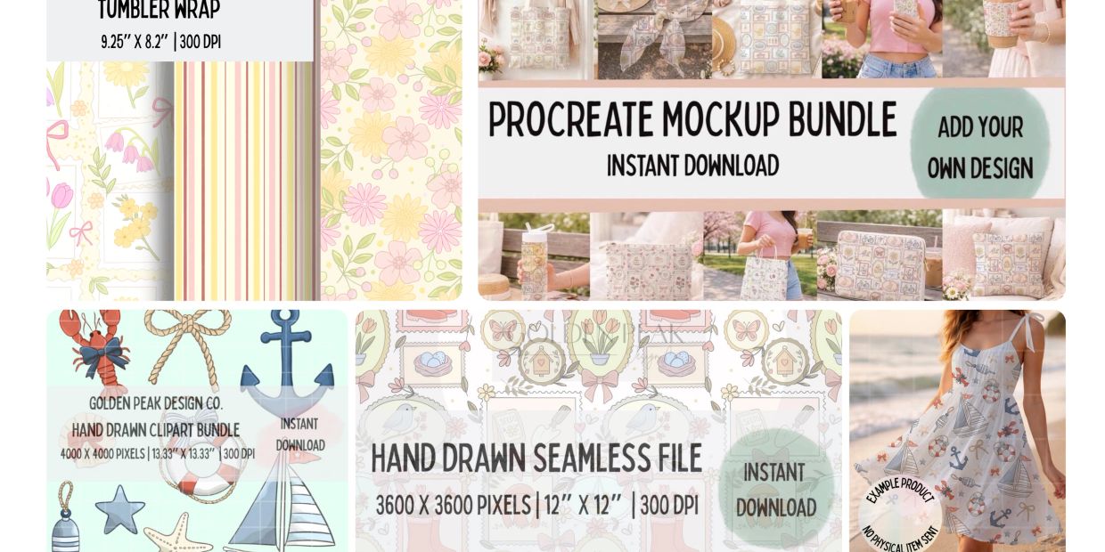 Procreate mockup bundle with floral, nautical, and hand-drawn clipart designs for instant download.