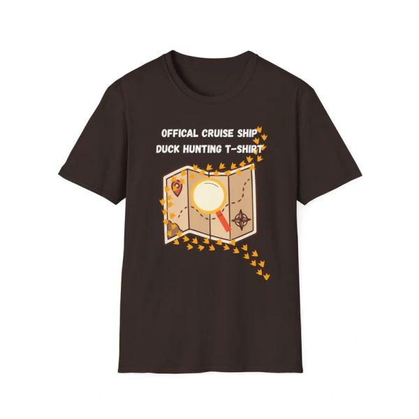 Brown T-shirt with a cruise ship duck hunting map design and humorous text.