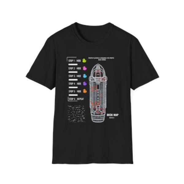 Black t-shirt with a colorful deck map and step-by-step instructions.