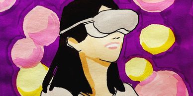 A woman wearing a VR headset enjoying a virtual experience with digital graphics in the background.