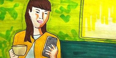 Watercolor painting of a woman enjoying coffee and looking at her phone.
