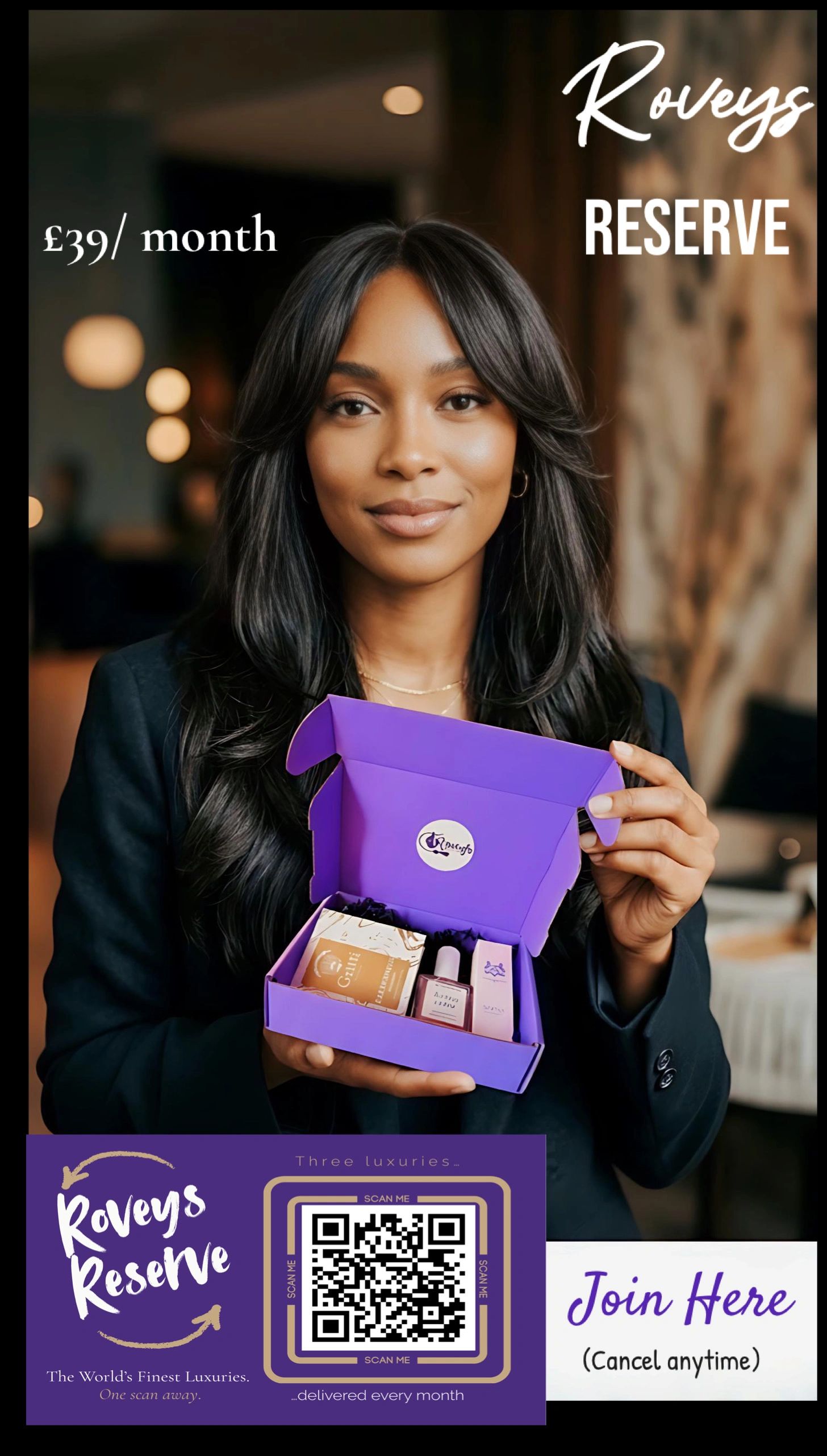 Woman holding a purple box with luxury items for subscription.