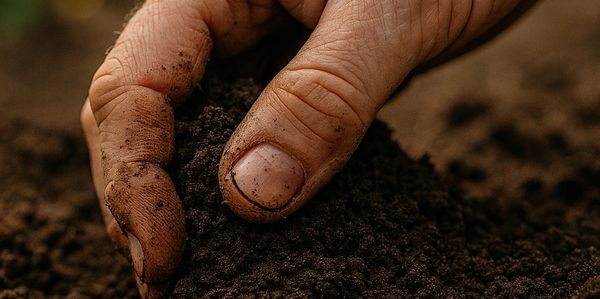 Hand holding dark, rich soil.