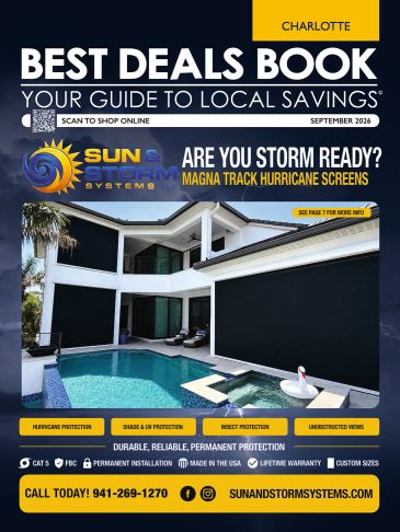Cover of Charlotte Best Deals Book for September 2026 featuring storm protection screens.