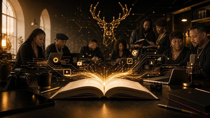 Buckology family and cast creating, learning, publishing, and building with technology around a glow
