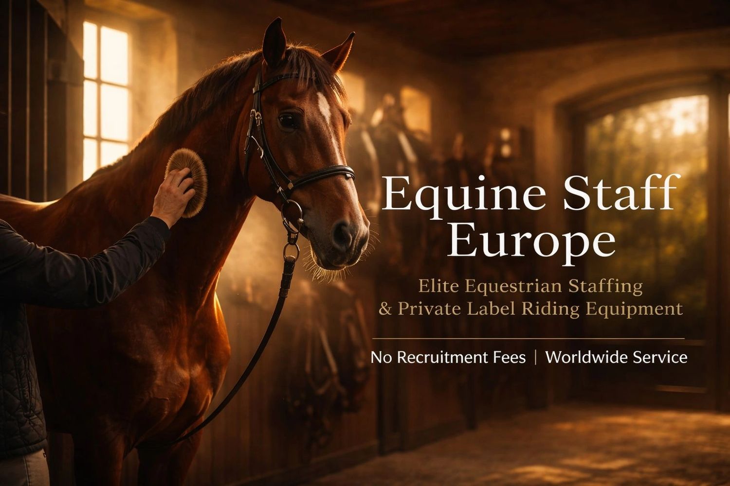 A person grooming a horse in a warmly lit stable with equestrian staffing advertisement.