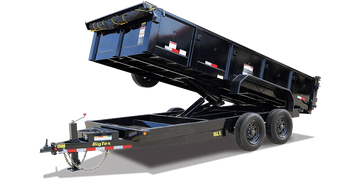 Black Big Tex dump trailer with raised bed and dual wheels.