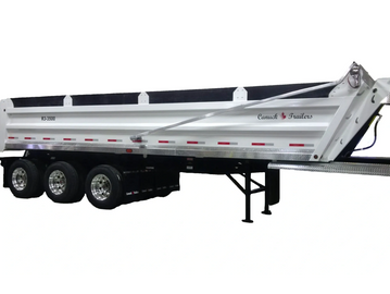 White dump trailer with three axles and a black tarp cover.