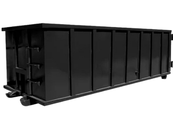 A large black industrial dumpster isolated on black background.
