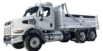 White heavy-duty dump truck with six wheels and large cargo bed.