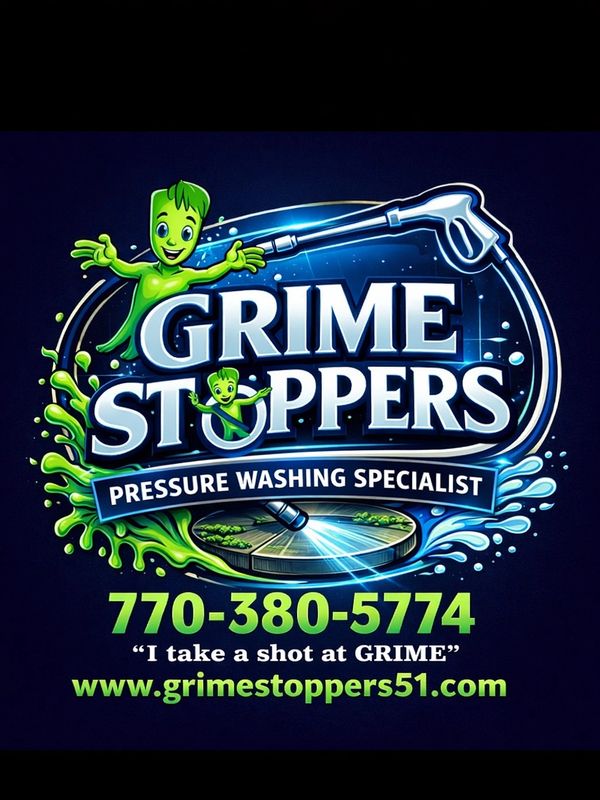 Logo for Grime Stoppers, a pressure washing specialist service with contact info.