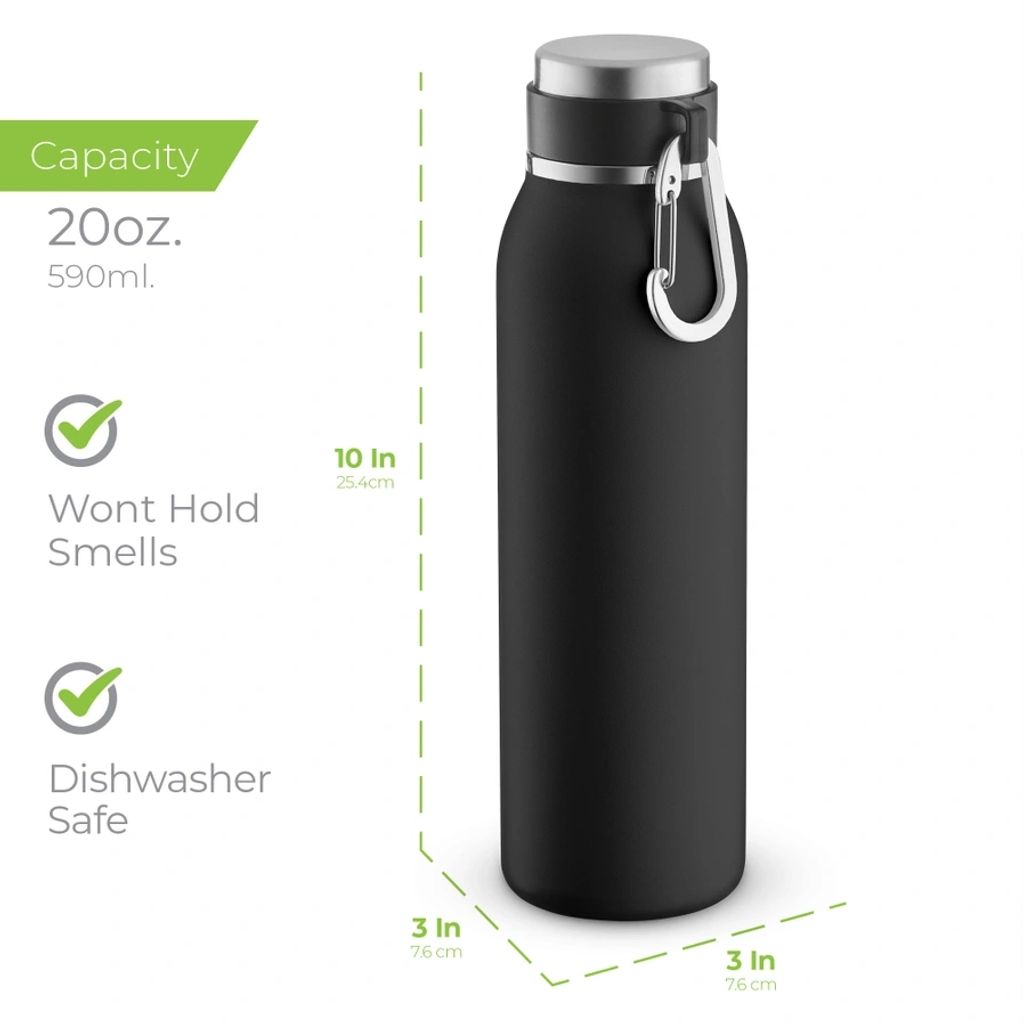 Black 20oz water bottle with carabiner and dishwasher safe design.