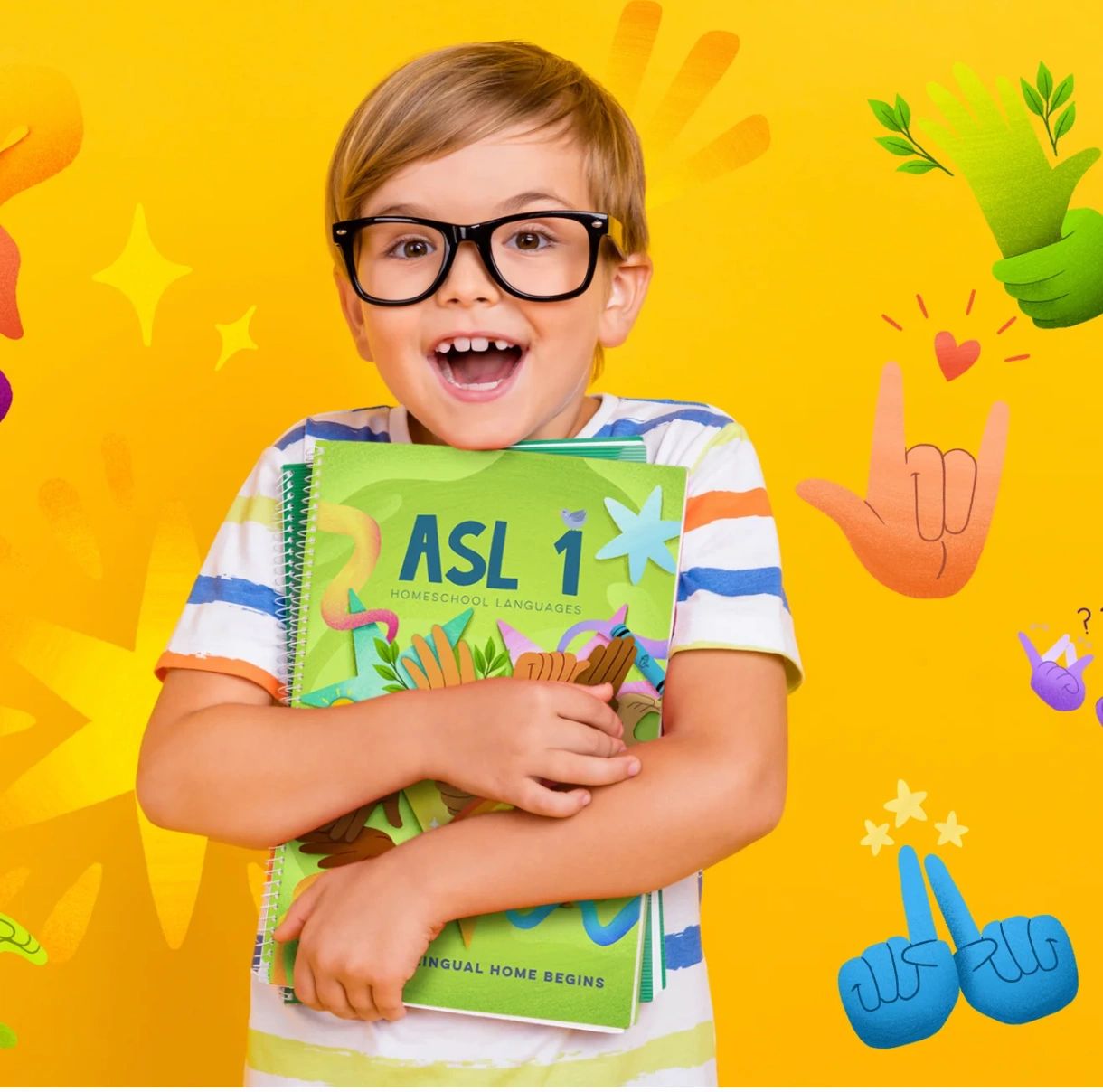 Excited child holding ASL 1 book against yellow background.