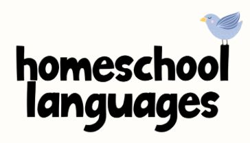 Text reading 'homeschool languages' with a blue bird on top.