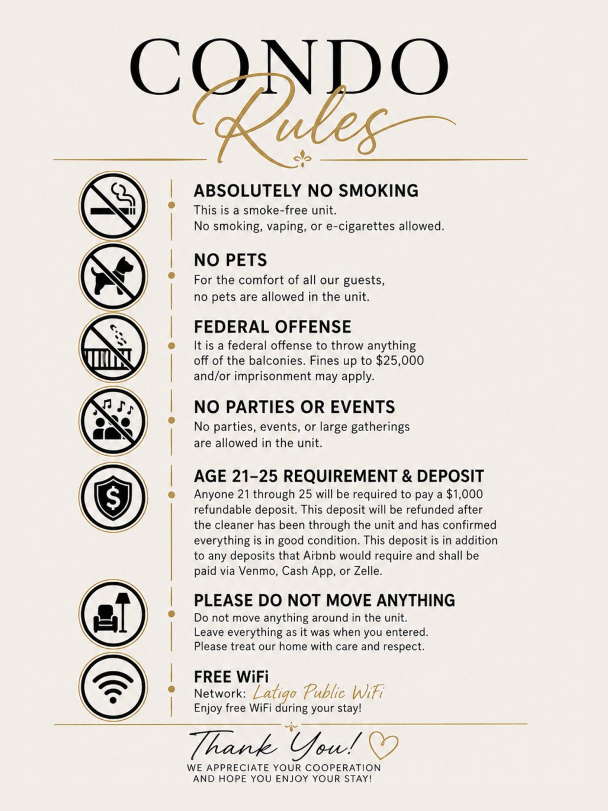 Condo rules including no smoking, no pets, no parties, age deposit, and free WiFi.