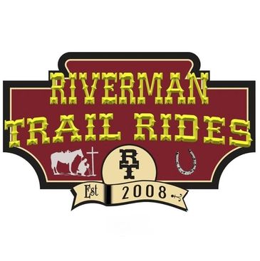 Riverman trail rides logo and brande. A group of friends riding horseback in broken bow.