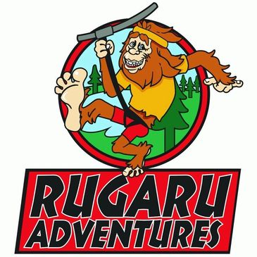 The Rugaru Adventures logo depiction of the legendary Bigfoot or Sasquatch on a zipline.