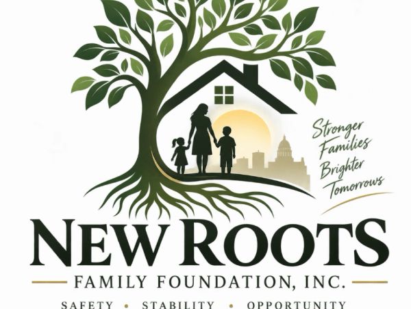 Logo with tree, house, and family promoting strong families.