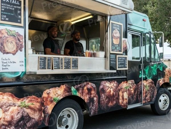 Food truck selling oxtail dishes with two staff members inside.