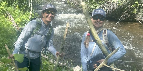 Two people enjoying a sunny day by a flowing river with sticks in hand.