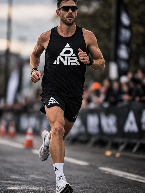 Athlete sprinting in a race wearing black sportswear and sunglasses.