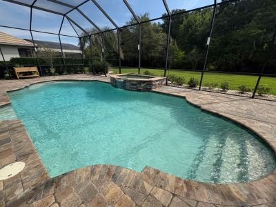 Sunlit backyard pool with spa and garden view.