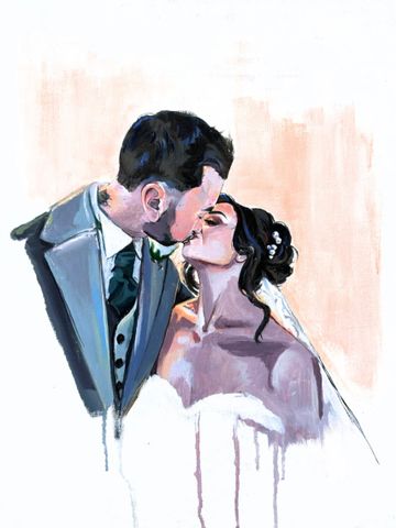 Close up painting of wedding couple kissing 