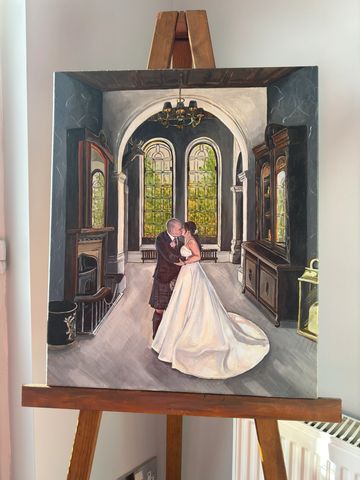 Wedding painting of couple kissing at Cornhill Castle. 