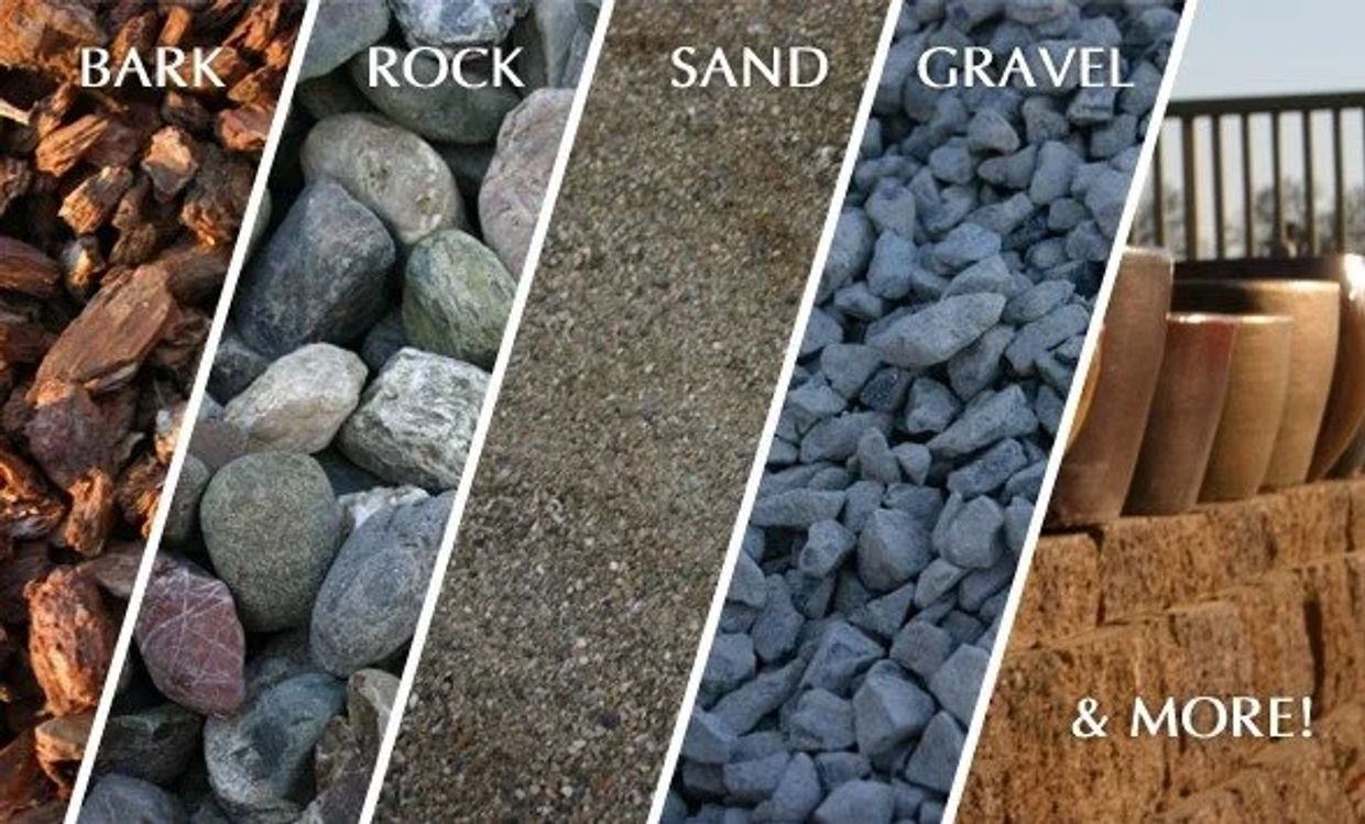 Various landscaping materials: bark, rock, sand, gravel, and more.
