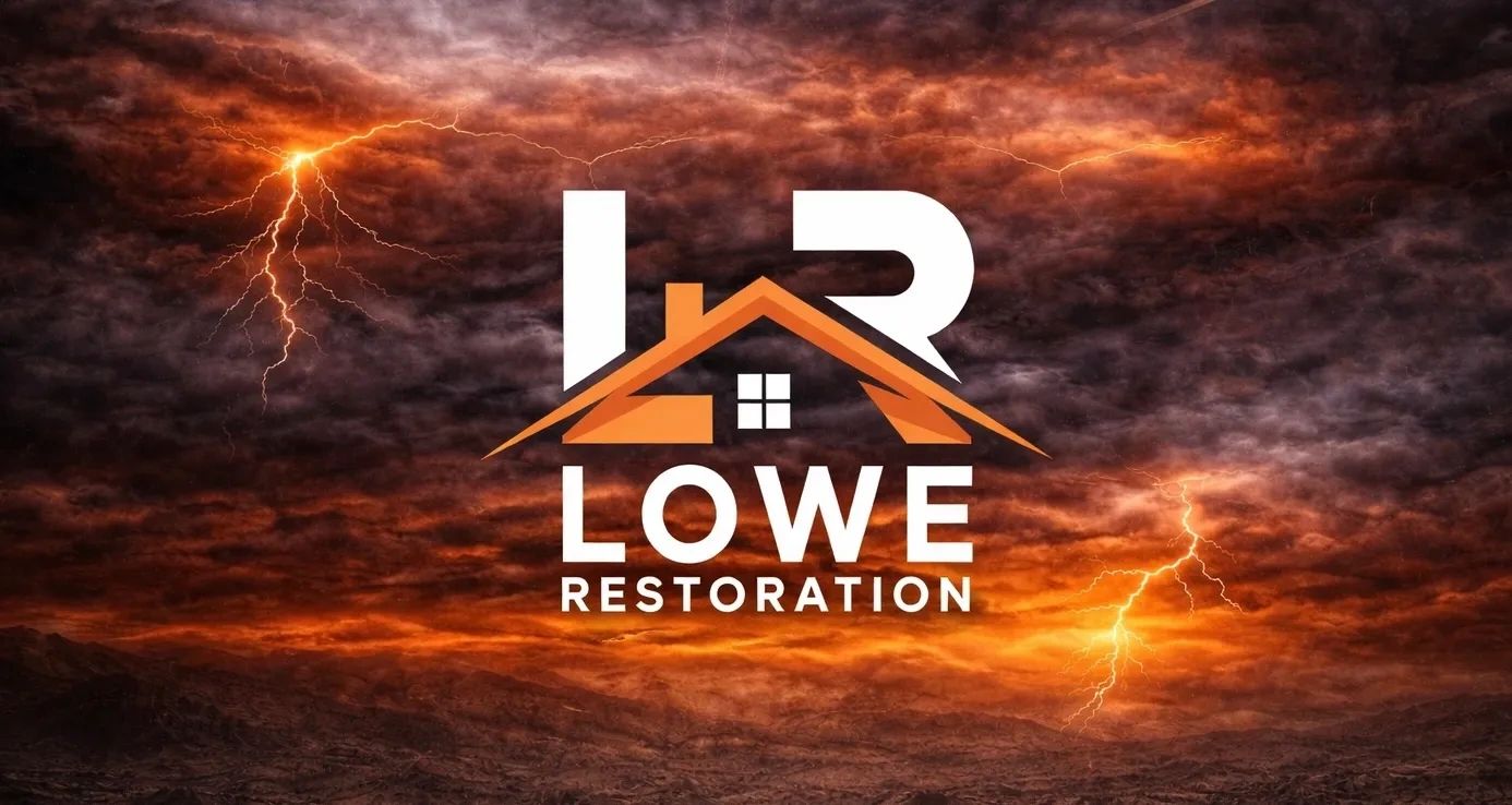 Lowe Restoration logo with stormy, lightning-filled sky background.