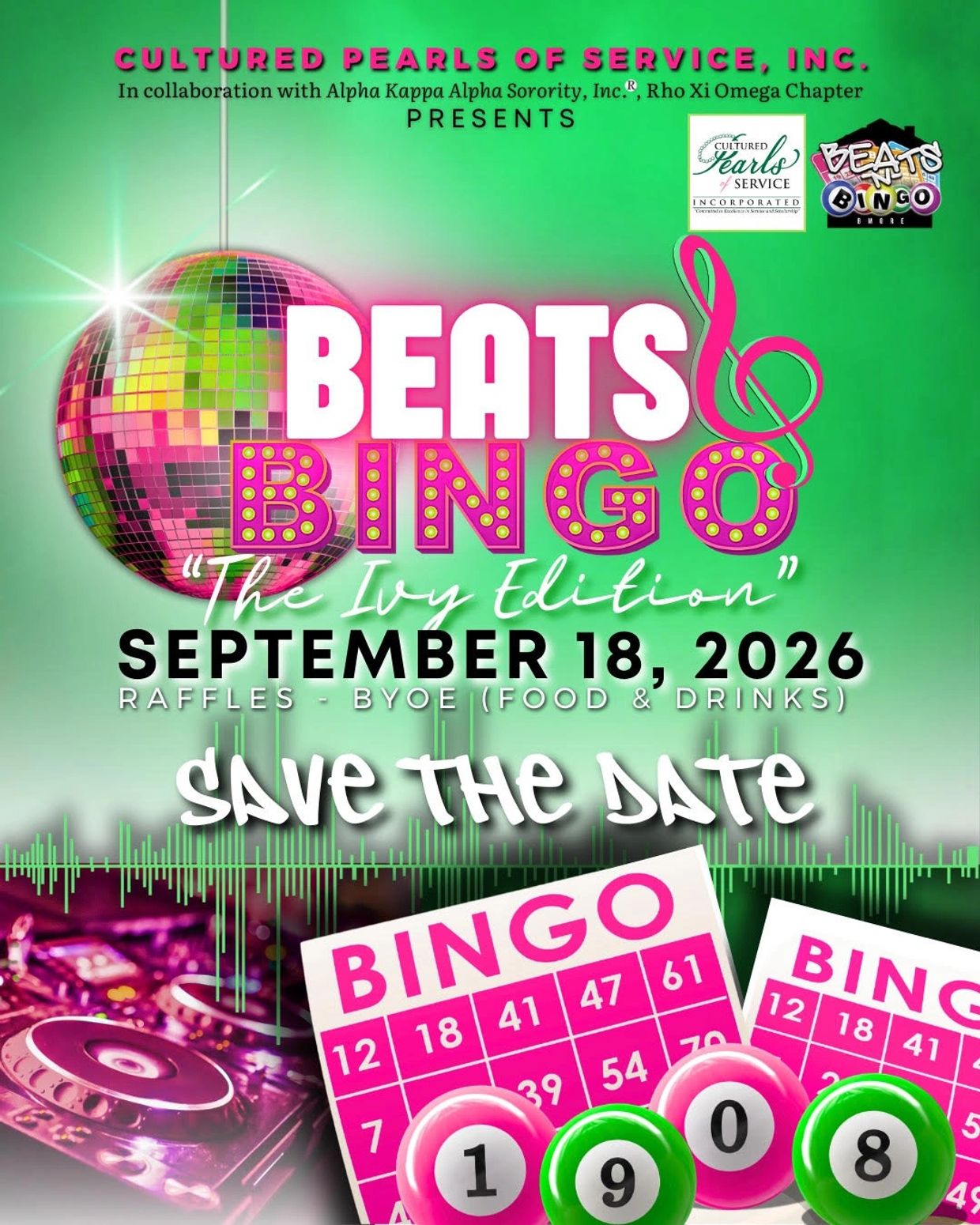 Save the date for Beats &amp; Bingo event on September 18, 2026, hosted by Cultured Pearls of Service.