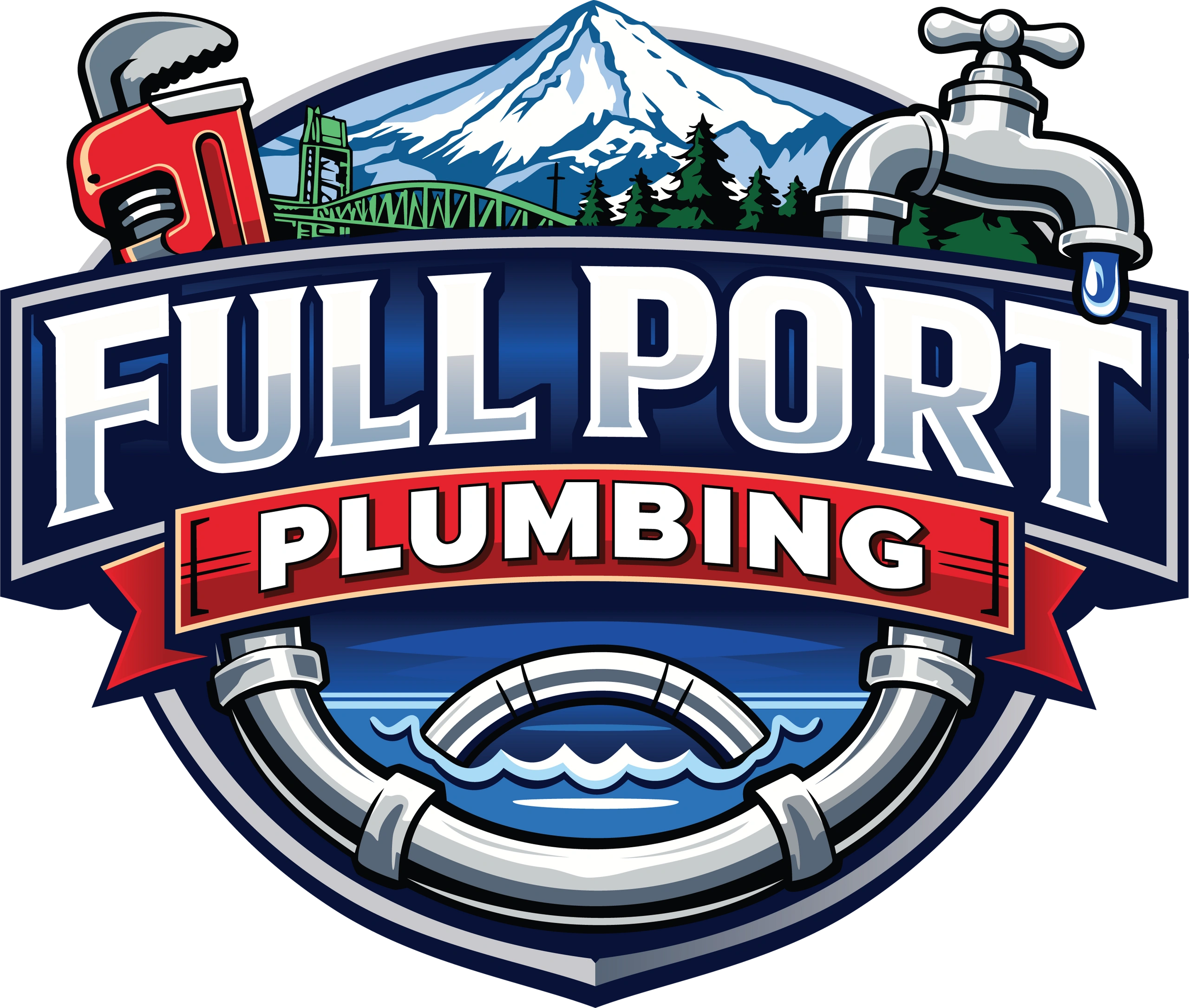 Logo for Full Port Plumbing with Portland scenery, pipe wrench, and faucet imagery.