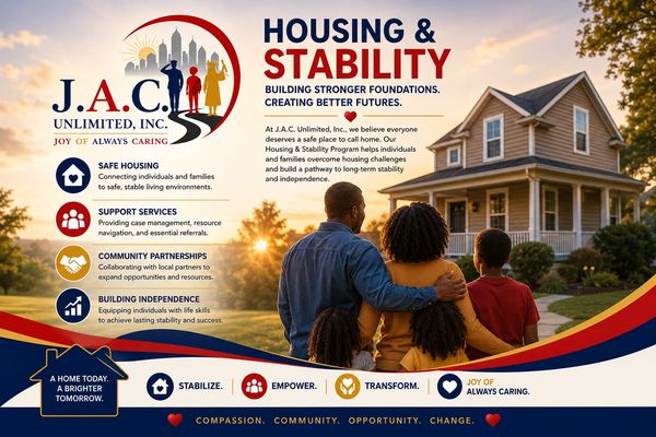 Family embracing in front of a home with J.A.C. Unlimited housing stability program details.